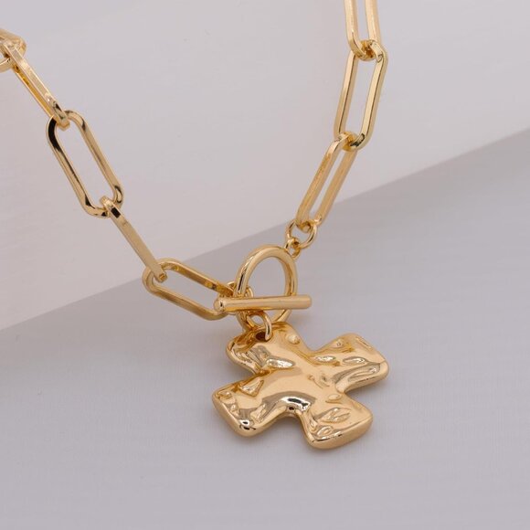 Gold Chunky Cross Necklace for Women - Bold Hammered Pendant with Toggle Clasp - Picture 5 of 7